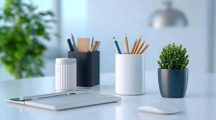 Poster - carefully arranged glossy geometric 3d office supplies and equipment displayed on a pristine white s