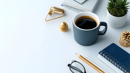 Poster - Glossy geometric 3D office supplies and equipment artfully arranged on a pristine white surface conveying a professional streamlined corporate environment with dramatic shadows and high contrast