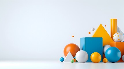 Aufkleber - Assortment of Vibrant 3D Geometric Learning Aids Including Cube Sphere Pyramid and Cylinder Arranged on Clean White Background with Crisp Lighting and Minimalist Design