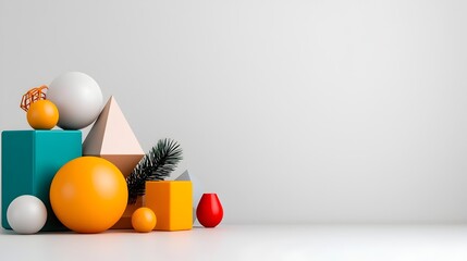 Poster - Assortment of 3D Geometric Learning Aids Including Cube Sphere Pyramid and Cylinder Arranged on a Plain White Background with Crisp Lighting and Clean Design
