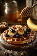 Poster - A delicious waffle topped with fresh bananas, blueberries, and walnuts