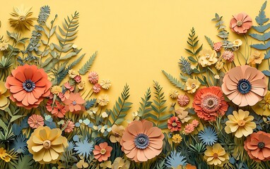 Leinwandbilder - A vibrant, artistic display of colorful paper flowers and green leaves against a sunny yellow background, enhancing its playful charm.