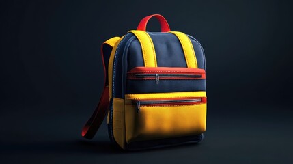 Poster - A bright yellow and blue backpack on a black background