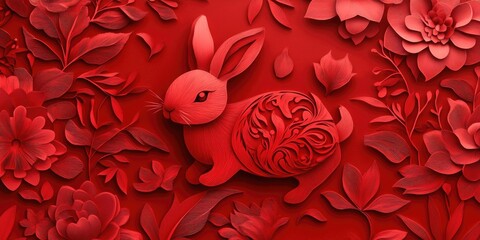 Poster - A red paper cut of a rabbit amidst colorful flowers, ideal for use in illustrations, designs, or as a symbol
