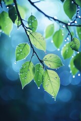 Poster - A close-up shot of a tree branch with water droplets glistening in the light