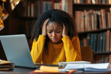 Poster - A person sitting at a desk with a laptop open, ideal for illustrations related to work, study or personal activities