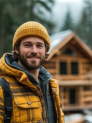 a smiling man in a yellow beanie and plaid jacket poses in front of a log cabin nestled in a lush fo
