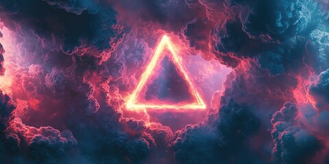Poster - A triangle shapes clouds in the blue sky with white puffy clouds