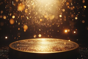 Poster - A shiny gold plate on a dark background with some lights visible, suitable for use as a decorative element or symbolizing luxury and sophistication
