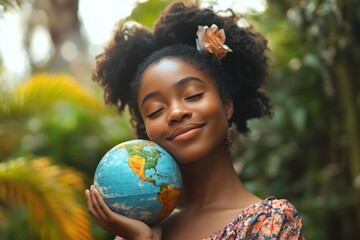Poster - A woman holds a globe in her hands, symbolizing exploration and adventure
