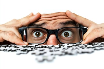 Poster - A person studying a collection of puzzle pieces, looking for a solution