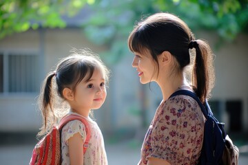 Sticker - A heartwarming scene of a woman and her young daughter standing together, representing love and connection