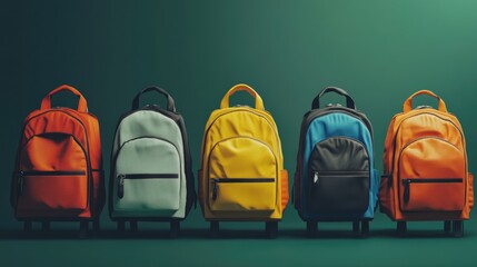 Aufkleber - A row of backpacks on a green surface, great for travel or outdoor themes