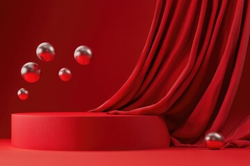 Poster - A theatrical setting with a red stage and silver balls, suitable for use in event or performance-related contexts