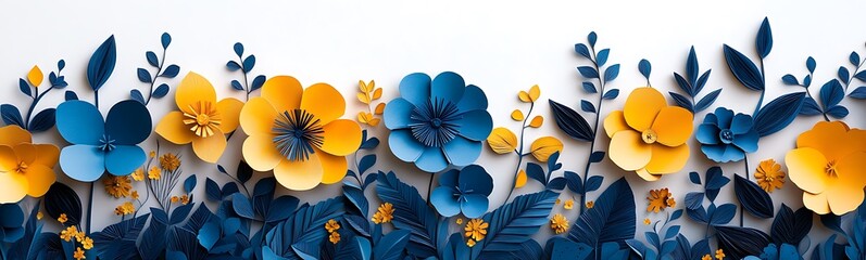 Leinwandbilder - A vibrant arrangement of blue and yellow flowers, beautifully crafted, creating a stunning visual display against a white background.