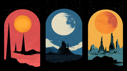 Three Abstract Arched Windows Displaying Alien Landscapes with Bright Celestial Objects