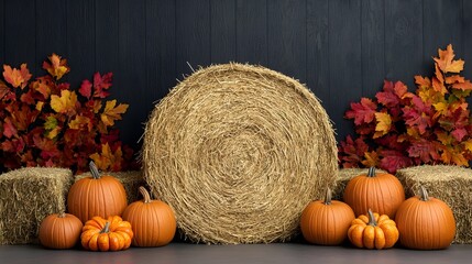 Rustic autumnal farm scene decorated with pumpkins hay bales and vibrant fall foliage creating a warm and cozy harvest themed atmosphere