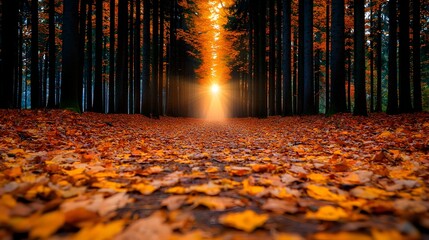 Aufkleber - Enchanting Autumn Forest Path with Sunlight Kissed Leaves Creating a Magical Serene Atmosphere in the Verdant Woodland