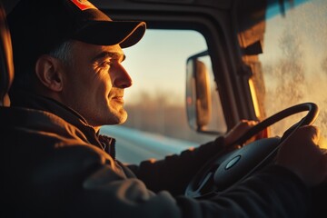 Poster - A person behind the wheel of a large vehicle traveling on a busy road, ideal for use in illustrations about transportation, industry, or daily life