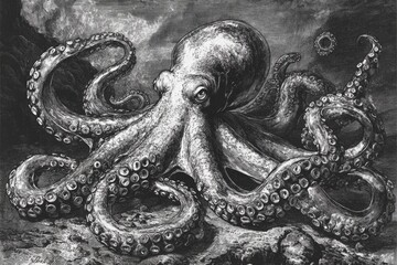 Poster - A simple yet detailed drawing of an octopus in black and white