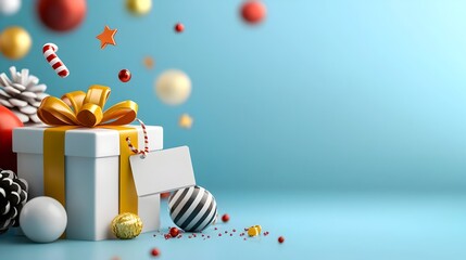 Aufkleber - Vibrant and dynamic 3D showcasing an online sale banner with a colorful gift box discount tag and social media icons in a floating abstract composition