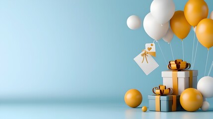 Poster - Floating 3D depicting a vibrant online sale banner featuring a colorful gift box discount tag and social media icons showcasing a modern and dynamic digital marketing or e commerce concept