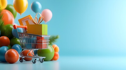 Poster - Futuristic digital composition showcasing the holistic experience of an online shopping journey featuring a floating arrangement of a shopping cart search bar and transaction icons