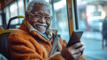 Poster - A person sitting on a public transportation vehicle, focused on their mobile device