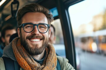 Poster - A person wearing glasses and a scarf riding a bus