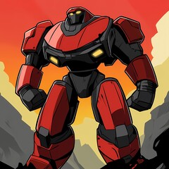 A large red and black robotic figure stands amidst a dramatic landscape at sunset.