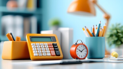 Aufkleber - Whimsical 3D art set featuring a playful collection of modern office equipment icons including a calculator ergonomic chair perpetual calendar sleek printer