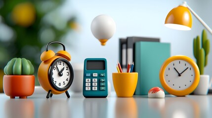 Aufkleber - Whimsical 3D art set featuring a colorful and stylized collection of office icons including a calculator ergonomic chair perpetual calendar sleek printer and modern desk lamp
