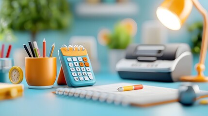 Aufkleber - Whimsical 3D cartoon office icon collection featuring a calculator chair calendar printer and lamp with bold exaggerated shapes and a cheerful illustrated aesthetic