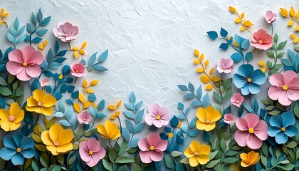 Leinwandbilder - A vibrant floral design featuring a mix of pink, blue, and yellow flowers against a textured background.