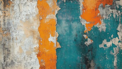 Aufkleber - A textured surface featuring peeling paint in vibrant orange and teal tones, showcasing an abstract design of weathered colors.