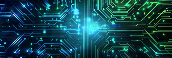 Fototapete - futuristic digital cyber tech background wallpaper, Glowing circuit board patterns in neon blue and green, with smooth digital lines and a dark background