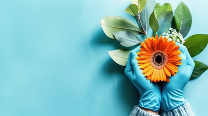 Poster - A pair of blue gloves holding an orange gerbera flower 