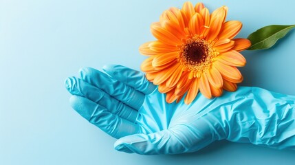 Poster - A pair of blue medical gloves holding an orange gerbera flower