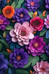 Leinwandbilder - A vibrant arrangement of colorful paper flowers on a dark background, showcasing various blooms and lush green leaves.