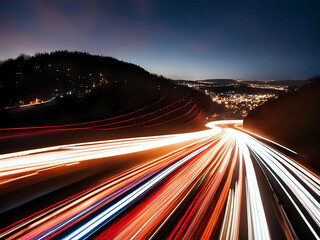 Dynamic Light Trails in Urban Cityscapes at Night with Vibrant Colors, showcasing fast motion, bright colors, and futuristic city views.