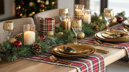 A holiday dining room decor idea with a plaid cloth, gold plates, pine centerpiece, and candles, all on a rustic wooden table, perfect for a cozy Christmas celebration.