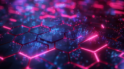 Poster - futuristic digital cyber tech background wallpaper, Neon-lit hexagonal grid with particle effects and glowing holograms, set against a dark futuristic background