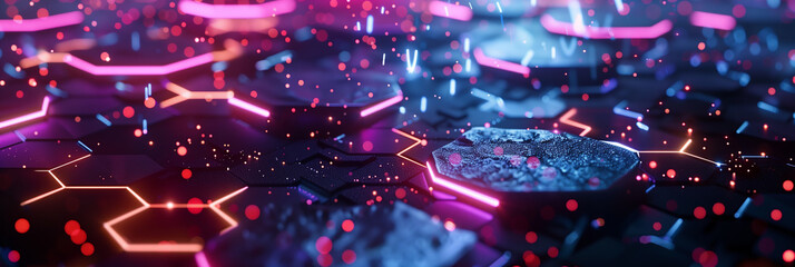 Poster - futuristic digital cyber tech background wallpaper, Neon-lit hexagonal grid with particle effects and glowing holograms, set against a dark futuristic background