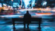 © 69 - A man sits quietly on a city bench while the world moves around him in a blur, creating a feeling of loneliness in a bustling urban environment.