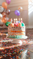 Wall Mural - Decorated Birthday Cake with Candles and Confetti on Floor in Sunlit Room with Balloons, Celebration Theme