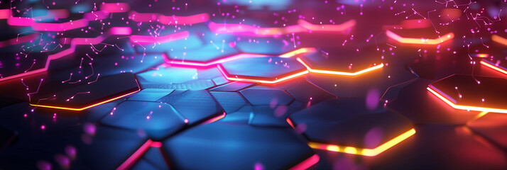 Poster - futuristic digital cyber tech background wallpaper, Neon-lit hexagonal grid with particle effects and glowing holograms, set against a dark futuristic background