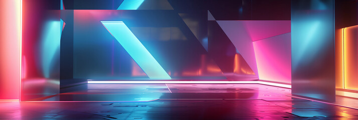 Poster - futuristic digital cyber tech background wallpaper, Sleek metallic surfaces with illuminated geometric shapes and holographic data projections