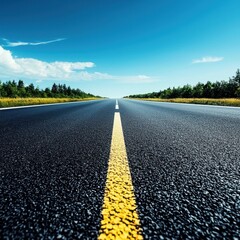 Stretch of asphalt road under a clear blue sky, surrounded by green trees.