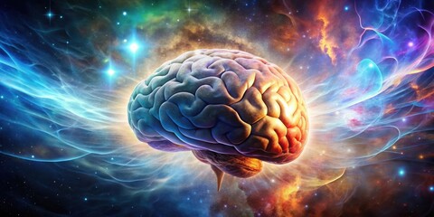 Wall Mural - a human brain emerging from a cosmic nebula, a representation of consciousness and the universe's my