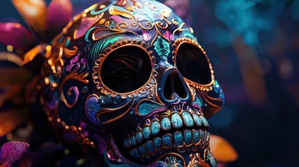 Sticker - Artistic Day the Dead sugar skull with elaborate designs, vivid colors, and a dark, dramatic background